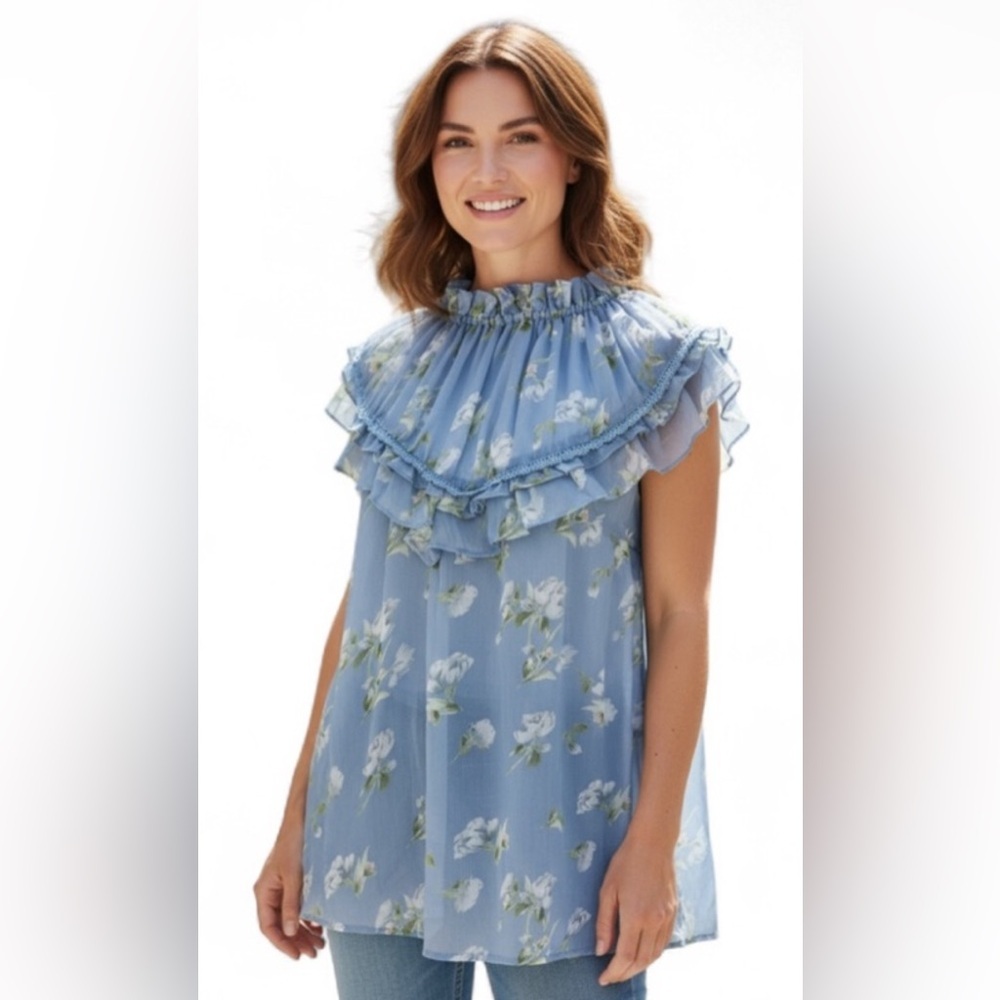 RANNA GILL BY ANTHROPOLOGY LAVENDER FIELDS FLORAL RUFFLE BLOUSE. SIZE: L